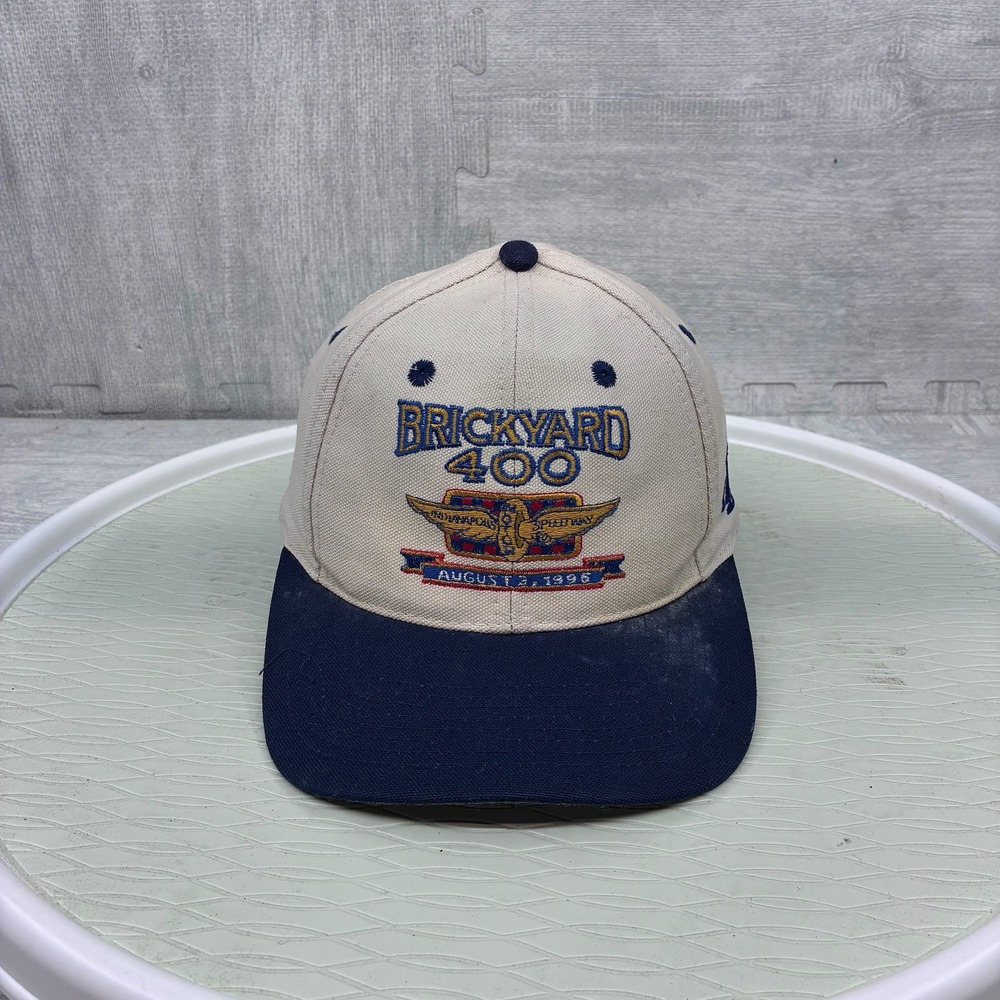 Vintage Logo Athletic Brickyard 400 Hat Snapback Mens Tan Navy Racing 1996